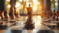 King chess piece standing on checkered board with blurred pieces and warm bokeh lights in background, dramatic lighting creates strategic atmosphere.