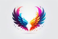 Vibrant multicolored wings spread symmetrically with gradient colors from purple to blue and pink to orange, isolated on white background for logo and brand design use.