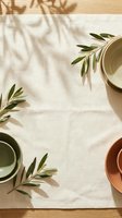 Flat lay composition with ceramic bowls, fresh olive branches, and natural linen fabric on wooden surface. Minimalist styling for culinary, wellness, and home decor projects.