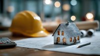 Miniature house model on architectural blueprints with construction helmet and tools in blurred office background for real estate development planning.
