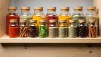 Organized spice rack with glass jars containing colorful herbs, spices and seasonings on wooden shelf for cooking and culinary preparation.