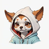 Cute cartoon chihuahua dog character wearing white hood and blue hoodie, with big brown eyes and orange markings. Isolated design for merchandise and prints.