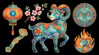 Decorative Asian-inspired ornamental elements collection featuring ornate lantern, flowering branches, patterned dog figurine, circular medallion, ceremonial spoon, and flame motif. Isolated on transparent background, ready for clipart, t-shirt design, print-on-demand, sublimation, and sticker applications.