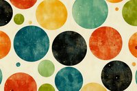 Colorful retro polka dot pattern with distressed texture in teal, orange, yellow and black circles on cream background. Seamless repeat design for fabric and decor.