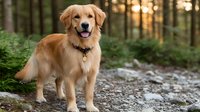 Happy golden retriever dog standing on forest trail with warm sunlight filtering through trees in background during outdoor adventure walk.