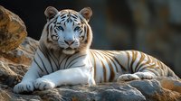 Majestic white Bengal tiger resting on rocky terrain in natural sunlight, displaying distinctive black stripes and piercing blue eyes against dramatic background.