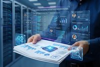 Business professional analyzing holographic data dashboard with AI brain interface in modern server room for digital transformation and analytics.
