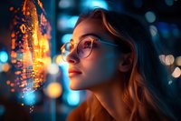 Young Asian woman in glasses looking at glowing holographic display with data visualization and orange particles in dark urban environment with bokeh lights.