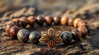 Wooden beaded bracelet with lotus flower charm and natural stone beads on rustic wooden surface in warm sunlight. Spiritual jewelry for meditation practice.