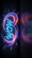 Vibrant neon MOM text with glowing electric blue letters surrounded by colorful light trails and sparkles on dark background for Mother's Day designs.