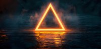 Glowing orange neon triangle floating over wet reflective surface against dark moody background creates futuristic sci-fi atmosphere for technology designs.