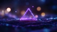 Glowing purple triangle floating over sparkly dark surface with bokeh lights and cosmic atmosphere, creating mystical futuristic scene for backgrounds and designs.