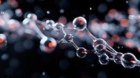 Macro photography of crystal molecular structure with red and blue bokeh lights on dark background. Scientific concept showing chemical bonds and atoms.