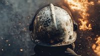 Dramatic close-up of firefighter helmet with smoke and glowing embers in dark background, representing emergency response and heroic service in action.