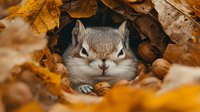 Adorable gray squirrel peeking through colorful autumn leaves and acorns, perfect for seasonal wildlife photography and nature-themed designs.