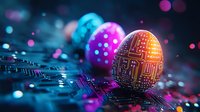 Digital Easter eggs with circuit board patterns glowing in neon colors orange, pink and blue on electronic motherboard surface with bokeh light effects in dark background.