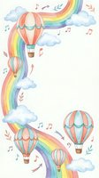 Watercolor hot air balloons floating among rainbow arcs and fluffy clouds with musical notes and decorative elements for children's designs and nursery decor.
