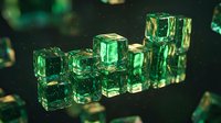 Emerald green crystal cubes and rectangular gemstones arranged in a row against dark background with bokeh lighting effects, suitable for luxury, jewelry, and abstract design projects.
