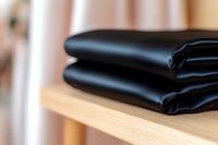 Neatly folded black leather material on wooden shelf with soft blur background, close-up view showing texture and layers for fashion and craft projects.