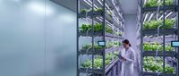 Young female scientist in white lab coat examining plants in vertical hydroponic growing system with LED lighting for agricultural research and sustainable food production.