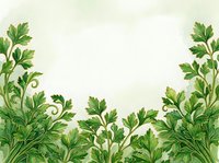 Fresh green parsley and herb leaves border isolated on white background, ready for culinary, cooking, and organic food design projects.