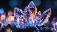 Crystal formation with prismatic light refraction creating rainbow spectrum colors on dark surface with bokeh background for meditation and healing concepts.