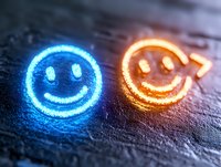Glowing neon smile emoji faces in blue and orange colors on dark textured surface, modern digital communication concept for social media and messaging.