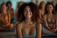 Young African American woman with curly hair smiling during yoga class with diverse group of people practicing meditation in fitness studio background.