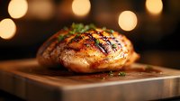 Grilled chicken breast with caramelized glaze and fresh herbs on wooden cutting board against blurred warm bokeh lights background for food photography.