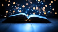 Magical glowing open book with floating light orbs and sparkles against dark background, radiating mystical blue light for fantasy and education concepts.