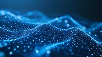Glowing blue particle wave with connected dots forming dynamic network structure against dark background, abstract technology visualization concept.