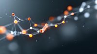 Abstract network of glowing orange and white nodes connected by lines on dark background, representing data visualization or molecular structure.