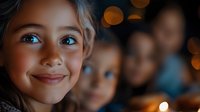 Young girl with bright blue eyes smiling in warm holiday lighting with blurred children in background, creating festive family atmosphere.
