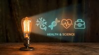 Young scientist or medical professional examining glowing neon health and science symbols including DNA helix, heartbeat monitor, and medical bag on rustic wooden surface.