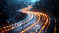 Glowing curved highway at night with light trails from vehicles creating magical streaming effect against starry sky background, abstract transportation concept.