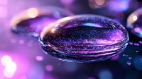 Mesmerizing water drop macro photography with galaxy reflection showing purple and pink cosmic nebula patterns against dark background with bokeh lights.