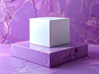 White cube on purple marble pedestal against abstract textured background in violet and pink tones, modern minimal composition for product display.