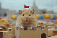 Adorable hamster peeking out from cardboard castle tower with tiny red flag, creating whimsical scene against blurred colorful background.