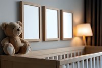 Cozy nursery interior with teddy bear on wooden crib rail and three blank white frames on gray wall, illuminated by warm table lamp light. Perfect for parenting blogs.