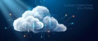 Glowing cloud with circuit board elements on dark blue background, representing cloud computing solutions and digital technology concepts.