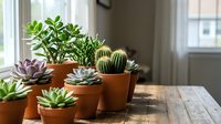 Collection of potted succulents and cacti in terracotta pots on wooden table by window. Indoor gardening houseplants for home decor and botanical design.