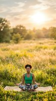 Woman of mixed ethnicity in green sports top and patterned leggings meditating in lotus position on mat in wildflower meadow at golden hour sunset for wellness and yoga lifestyle content.