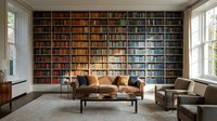 Modern home library interior with floor-to-ceiling bookshelves, leather sofa and armchairs creating cozy reading space for luxury residential design.