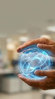 Hands protecting glowing digital brain with neural network connections representing artificial intelligence and data protection in modern office.