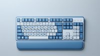 Blue and white computer keyboard with wrist rest on light background for office workspace and technology concepts.