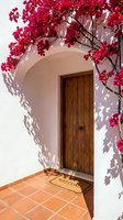 Wooden front door in a white stucco arch with vibrant pink bougainvillea blooms and a welcome mat on terracotta tiles.