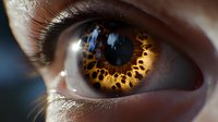 Extreme macro photography of human eye with unique amber-colored iris pattern showing intricate details, eyelashes, and natural light reflection. Medical concept.