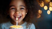 Joyful African American girl with curly hair smiling at birthday cupcake with lit candle against blurred bokeh lights background, capturing pure childhood happiness.
