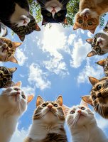Curious cats looking down at camera against blue sky with white clouds, creating circular frame composition. Fun pet photography perspective.