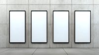 Four vertical black frames mounted on concrete wall with empty white space inside, modern minimalist gallery exhibition display for advertising and art.